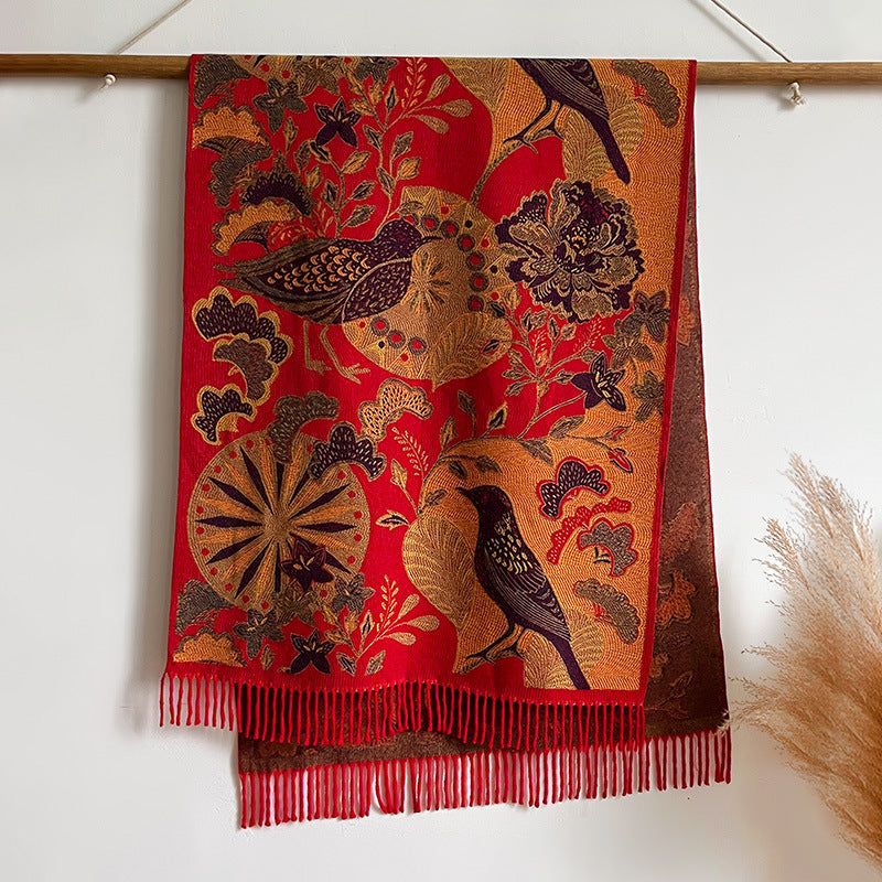 Season Ethnic Birds And Plants Collision Combination Elegant Going Out Cashmere-like Warm Scarf Shawl For Women